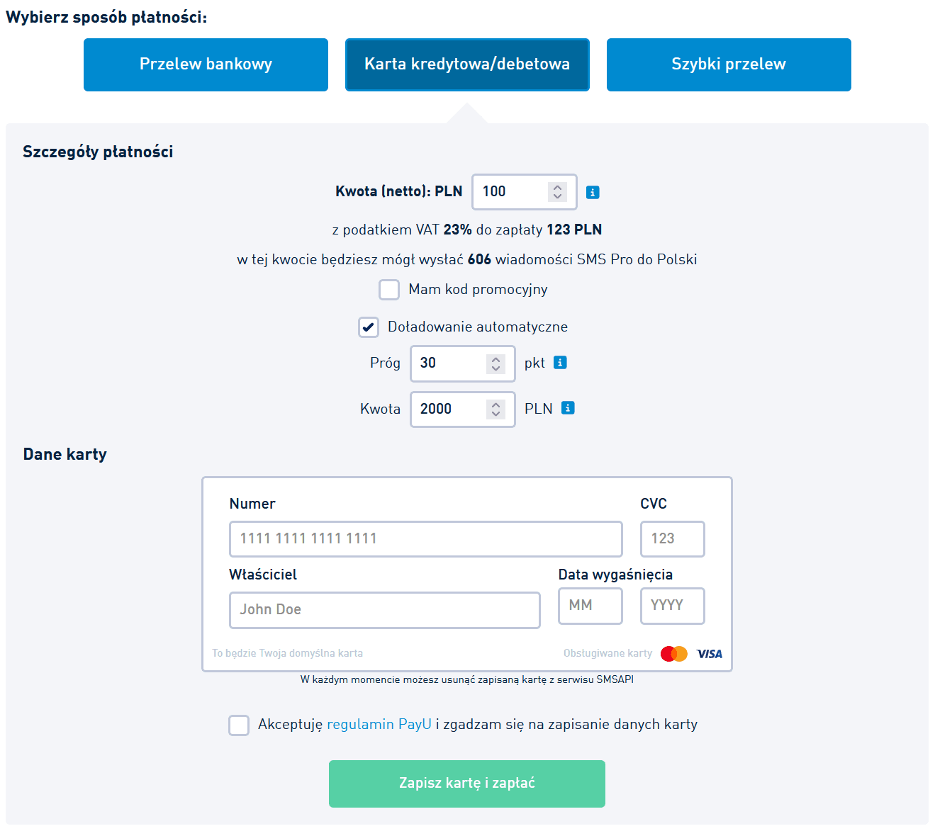 Ustaw doładowanie automatyczne w SMSAPI