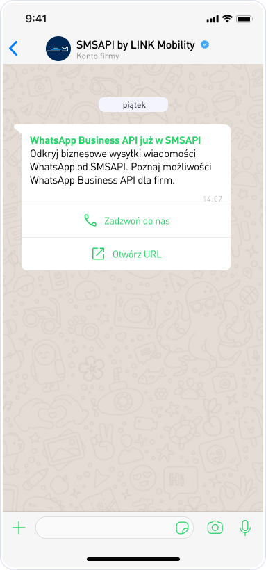 Przykład wiadomości WhatsApp wysłanej przez firmę